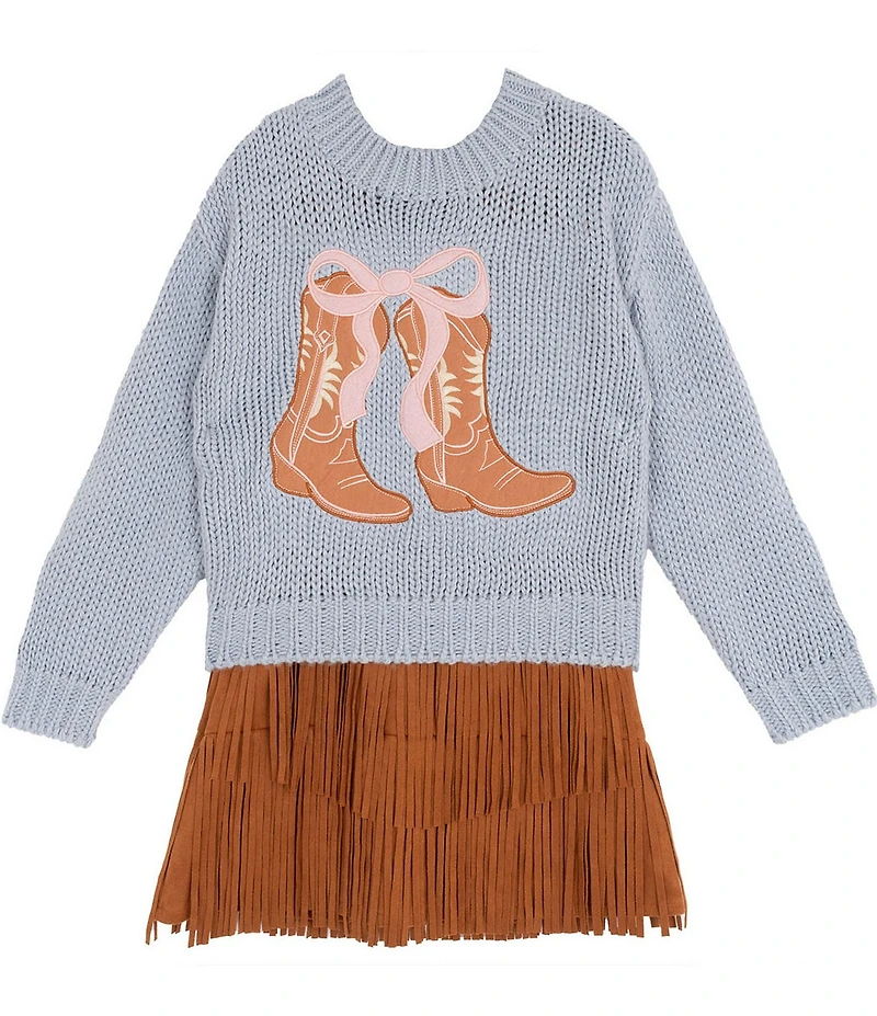 Rare Editions Big Girls Long-Sleeve Cowboy-Boot-Appliqued Sweater & Short-Sleeve Fringed-Hem Dress