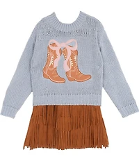 Rare Editions Big Girls Long-Sleeve Cowboy-Boot-Appliqued Sweater & Short-Sleeve Fringed-Hem Dress