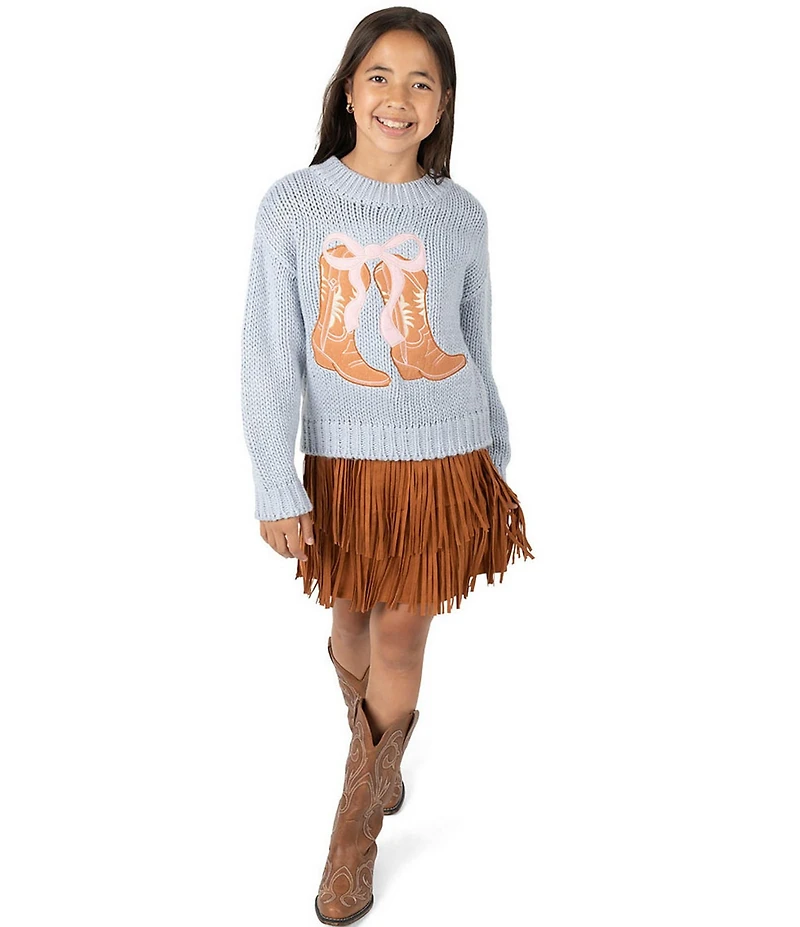 Rare Editions Big Girls Long-Sleeve Cowboy-Boot-Appliqued Sweater & Short-Sleeve Fringed-Hem Dress