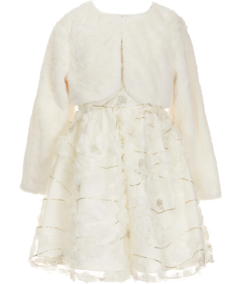 Rare Editions Big Girls Long-Sleeve Faux-Fur Bolero & Illusion-Bodice/Soutache-Skirted Fit-And-Flare Dress
