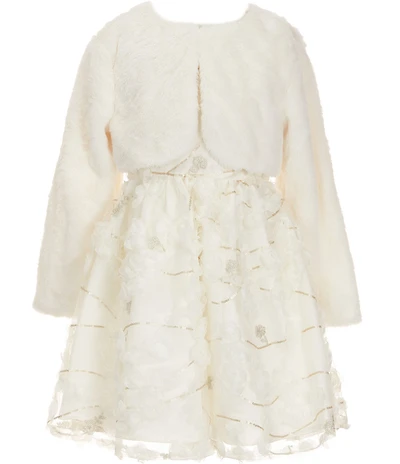 Rare Editions Big Girls Long-Sleeve Faux-Fur Bolero & Illusion-Bodice/Soutache-Skirted Fit-And-Flare Dress