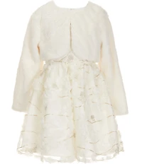 Rare Editions Big Girls Long-Sleeve Faux-Fur Bolero & Illusion-Bodice/Soutache-Skirted Fit-And-Flare Dress