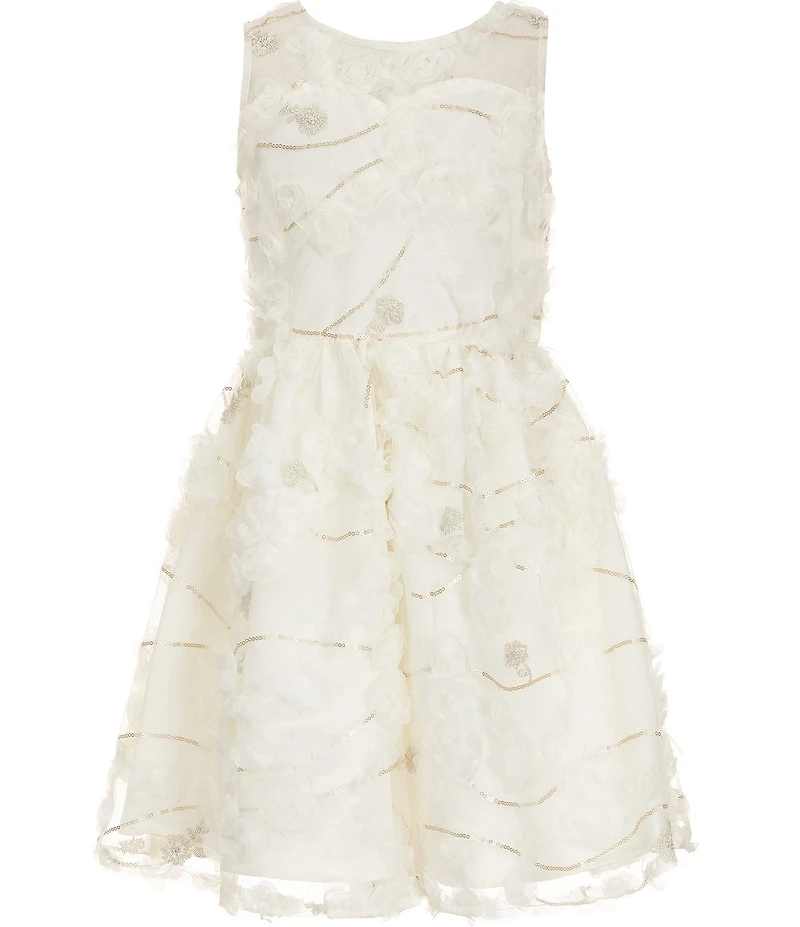 Rare Editions Big Girls Long-Sleeve Faux-Fur Bolero & Illusion-Bodice/Soutache-Skirted Fit-And-Flare Dress