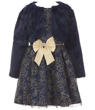 Rare Editions Big Girls Long-Sleeve Faux-Fur Shrug & Sleeveless Glitter-Accented Floral Lame Metallic Fit-And-Flare Dress Set