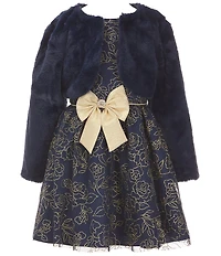 Rare Editions Big Girls Long-Sleeve Faux-Fur Shrug & Sleeveless Glitter-Accented Floral Lame Metallic Fit-And-Flare Dress Set