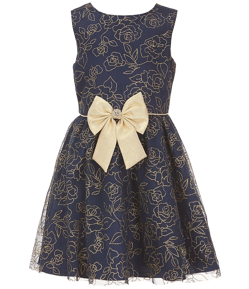 Rare Editions Big Girls Long-Sleeve Faux-Fur Shrug & Sleeveless Glitter-Accented Floral Lame Metallic Fit-And-Flare Dress Set