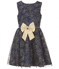 Rare Editions Big Girls Long-Sleeve Faux-Fur Shrug & Sleeveless Glitter-Accented Floral Lame Metallic Fit-And-Flare Dress Set