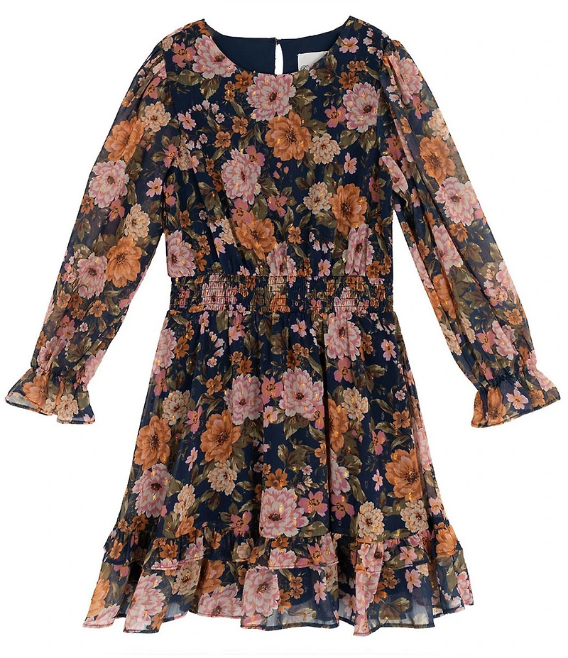 Rare Editions Big Girls Long-Sleeve Floral-Printed Lurex Chiffon Fit-And-Flare Dress