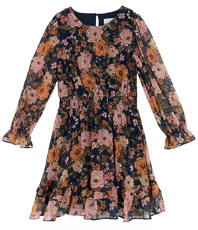 Rare Editions Big Girls Long-Sleeve Floral-Printed Lurex Chiffon Fit-And-Flare Dress