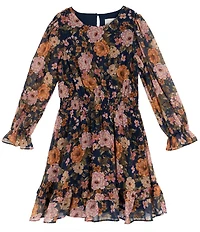 Rare Editions Big Girls Long-Sleeve Floral-Printed Lurex Chiffon Fit-And-Flare Dress