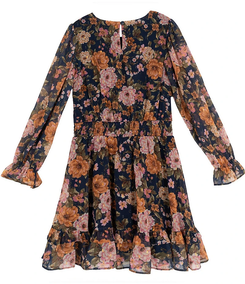 Rare Editions Big Girls Long-Sleeve Floral-Printed Lurex Chiffon Fit-And-Flare Dress