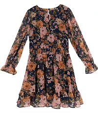 Rare Editions Big Girls Long-Sleeve Floral-Printed Lurex Chiffon Fit-And-Flare Dress