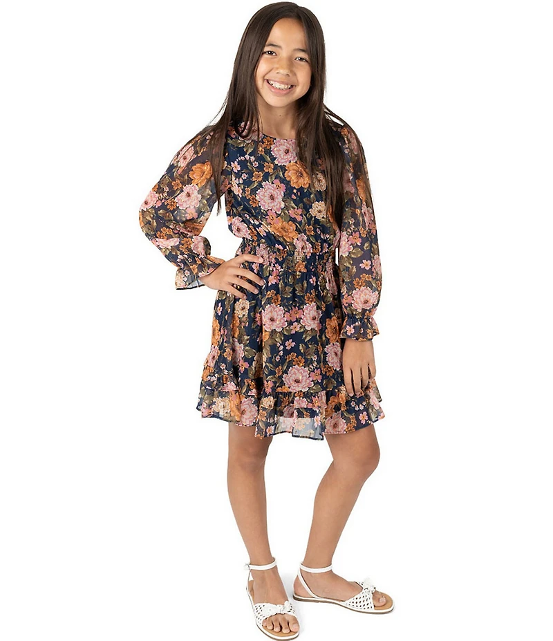 Rare Editions Big Girls Long-Sleeve Floral-Printed Lurex Chiffon Fit-And-Flare Dress