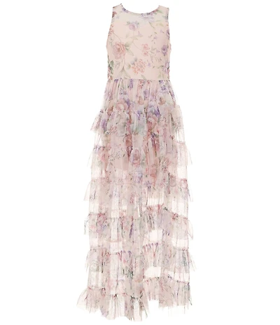 Rare Editions Big Girls Long Sleeve Floral Printed Mesh Walk Thru Ruffle Maxi Dress