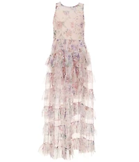 Rare Editions Big Girls Long Sleeve Floral Printed Mesh Walk Thru Ruffle Maxi Dress