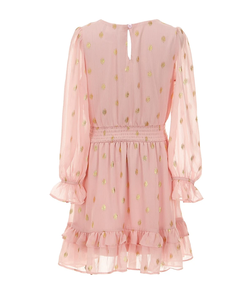 Rare Editions Big Girls Long-Sleeve Foiled-Dotted Chiffon Fit-And-Flare Dress