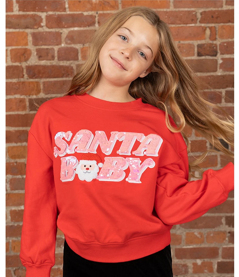 Rare Editions Big Girls Long Sleeve French Terry Pullover Santa Baby Sweatshirt