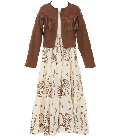 Rare Editions Big Girls Long Sleeve Fringe Jacket & Sleeveless Embroidered Tiered Maxi Dress Set
