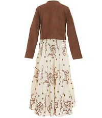 Rare Editions Big Girls Long Sleeve Fringe Jacket & Sleeveless Embroidered Tiered Maxi Dress Set