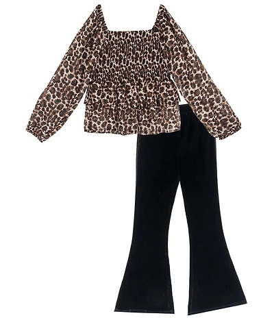 Rare Editions Big Girls Long-Sleeve Leopard-Printed Chiffon Tunic Top & Solid Knit Flared-Leg Leggings Set