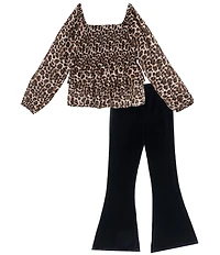 Rare Editions Big Girls Long-Sleeve Leopard-Printed Chiffon Tunic Top & Solid Knit Flared-Leg Leggings Set