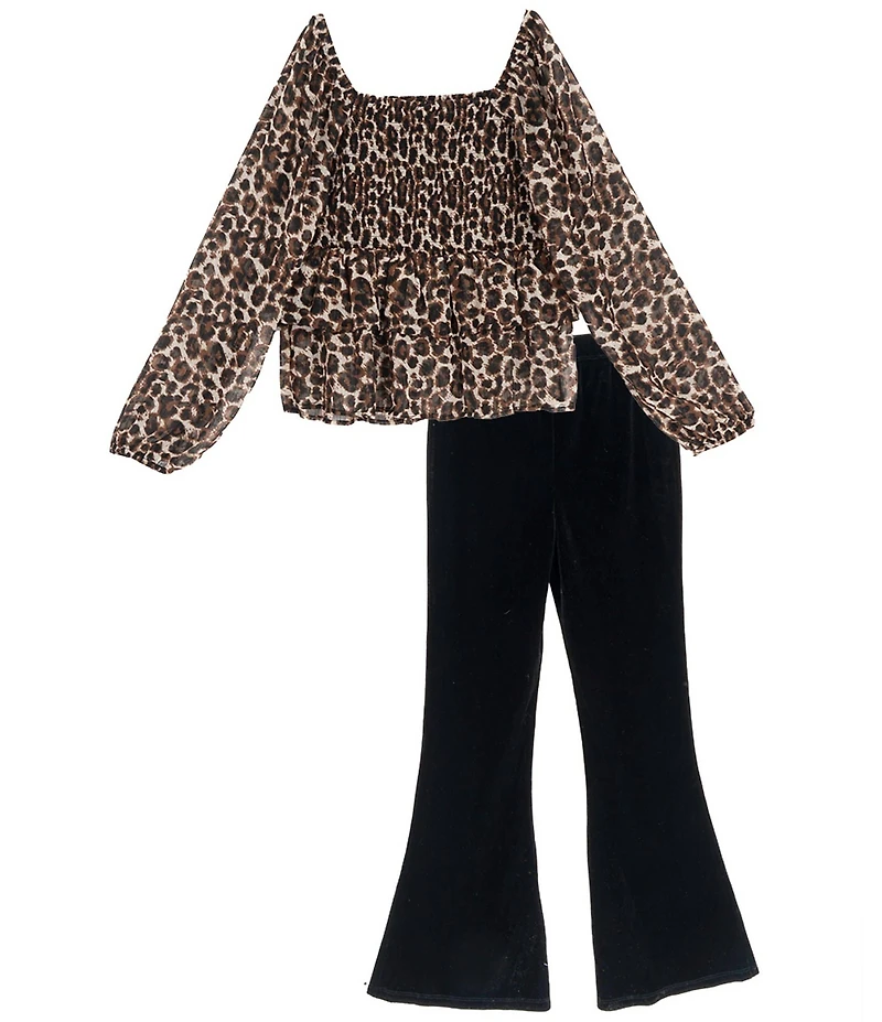 Rare Editions Big Girls Long-Sleeve Leopard-Printed Chiffon Tunic Top & Solid Knit Flared-Leg Leggings Set