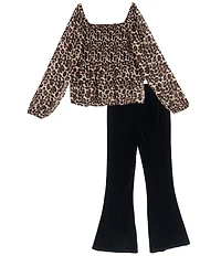 Rare Editions Big Girls Long-Sleeve Leopard-Printed Chiffon Tunic Top & Solid Knit Flared-Leg Leggings Set