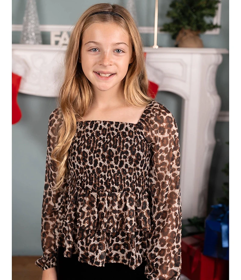 Rare Editions Big Girls Long-Sleeve Leopard-Printed Chiffon Tunic Top & Solid Knit Flared-Leg Leggings Set