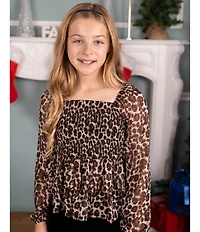 Rare Editions Big Girls Long-Sleeve Leopard-Printed Chiffon Tunic Top & Solid Knit Flared-Leg Leggings Set