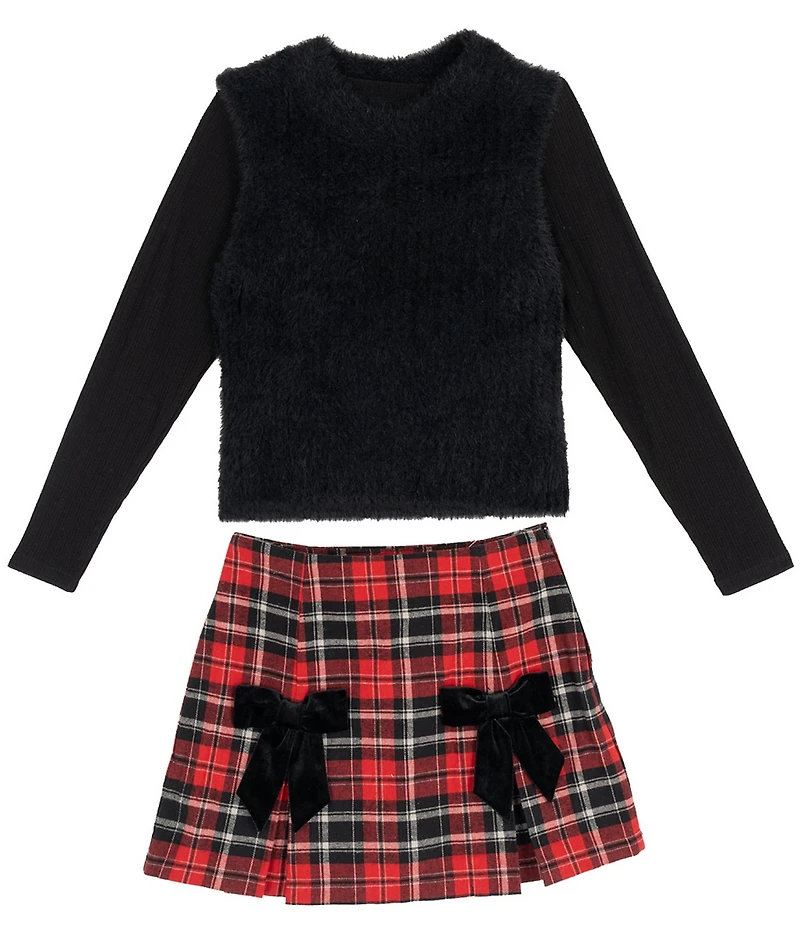 Rare Editions Big Girls Long Sleeve Mock Neck Sweater Eyelash Sleeveless Vest Plaid Skirt 3-Piece Set