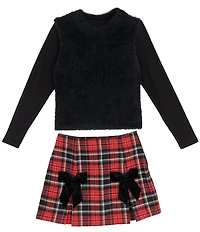 Rare Editions Big Girls Long Sleeve Mock Neck Sweater Eyelash Sleeveless Vest Plaid Skirt 3-Piece Set