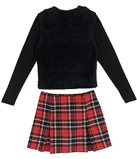 Rare Editions Big Girls Long Sleeve Mock Neck Sweater Eyelash Sleeveless Vest Plaid Skirt 3-Piece Set