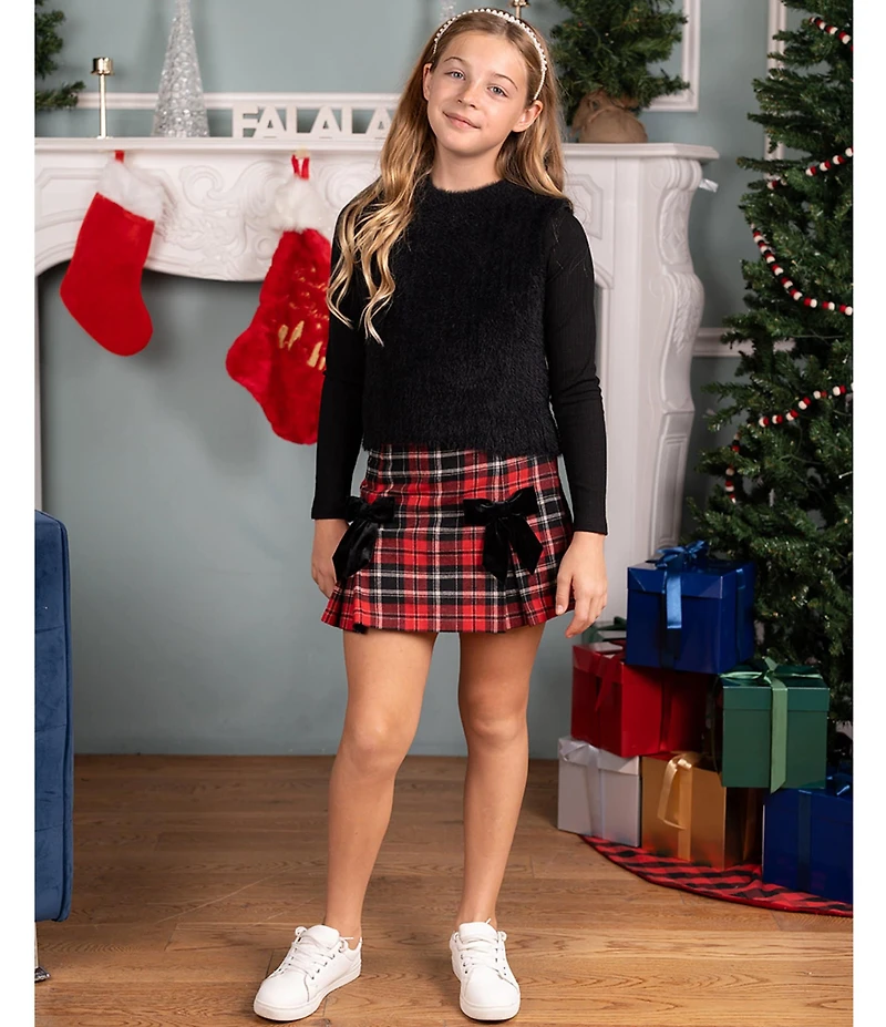 Rare Editions Big Girls Long Sleeve Mock Neck Sweater Eyelash Sleeveless Vest Plaid Skirt 3-Piece Set