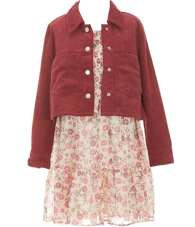 Rare Editions Big Girls Long Sleeve Solid Jacket & Long Sleeve Printed Lurex Chiffon Dress Set