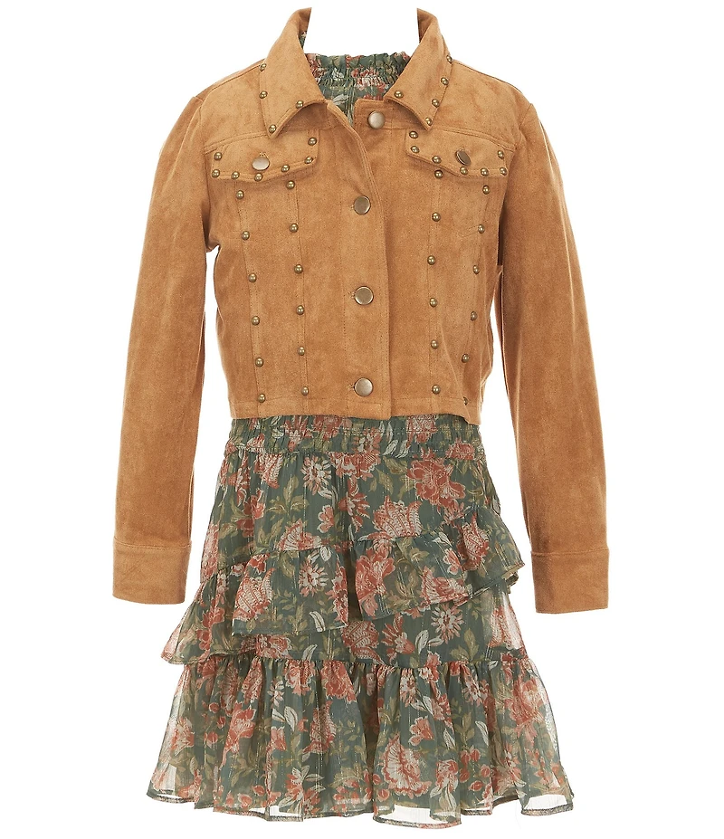 Rare Editions Big Girls Long Sleeve Studded Jacket & Flutter Sleeve Floral Lurex Chiffon Dress Set
