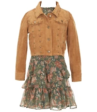 Rare Editions Big Girls Long Sleeve Studded Jacket & Flutter Sleeve Floral Lurex Chiffon Dress Set
