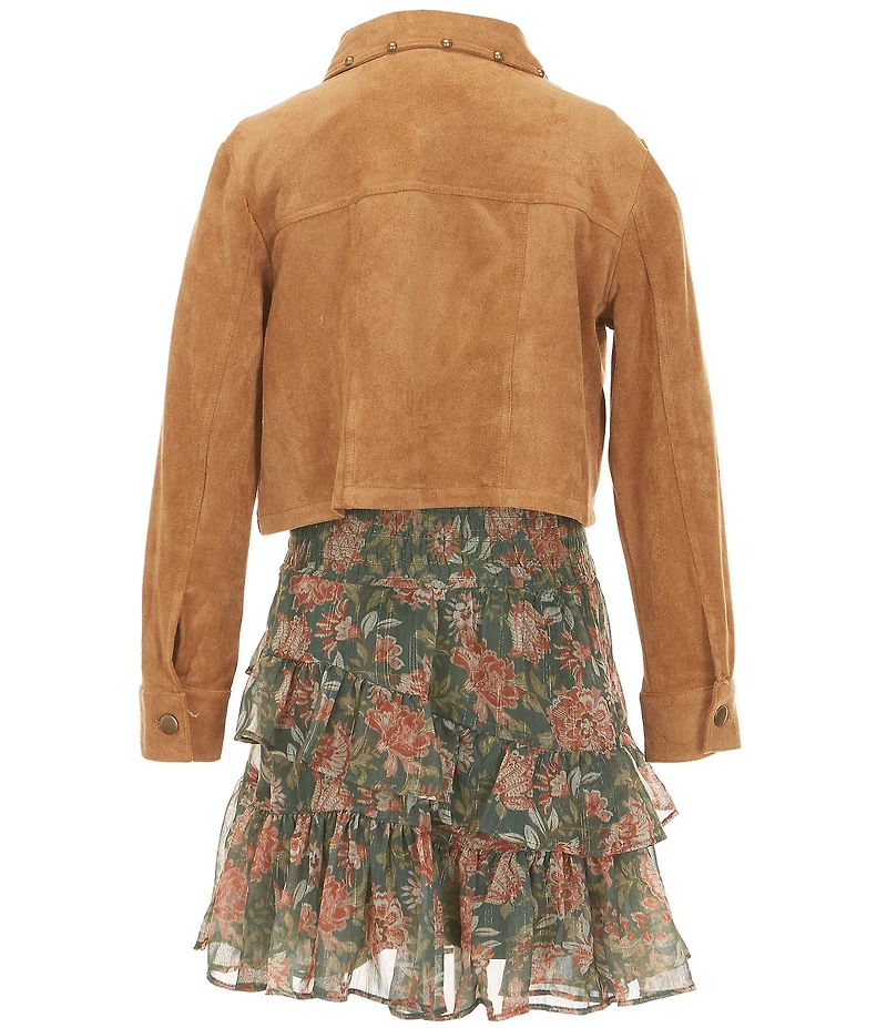 Rare Editions Big Girls Long Sleeve Studded Jacket & Flutter Sleeve Floral Lurex Chiffon Dress Set