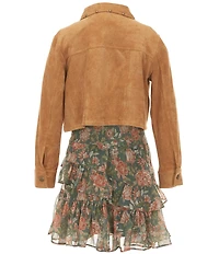 Rare Editions Big Girls Long Sleeve Studded Jacket & Flutter Sleeve Floral Lurex Chiffon Dress Set