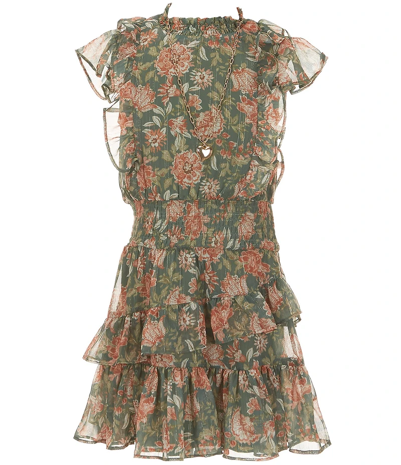 Rare Editions Big Girls Long Sleeve Studded Jacket & Flutter Sleeve Floral Lurex Chiffon Dress Set