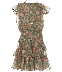 Rare Editions Big Girls Long Sleeve Studded Jacket & Flutter Sleeve Floral Lurex Chiffon Dress Set
