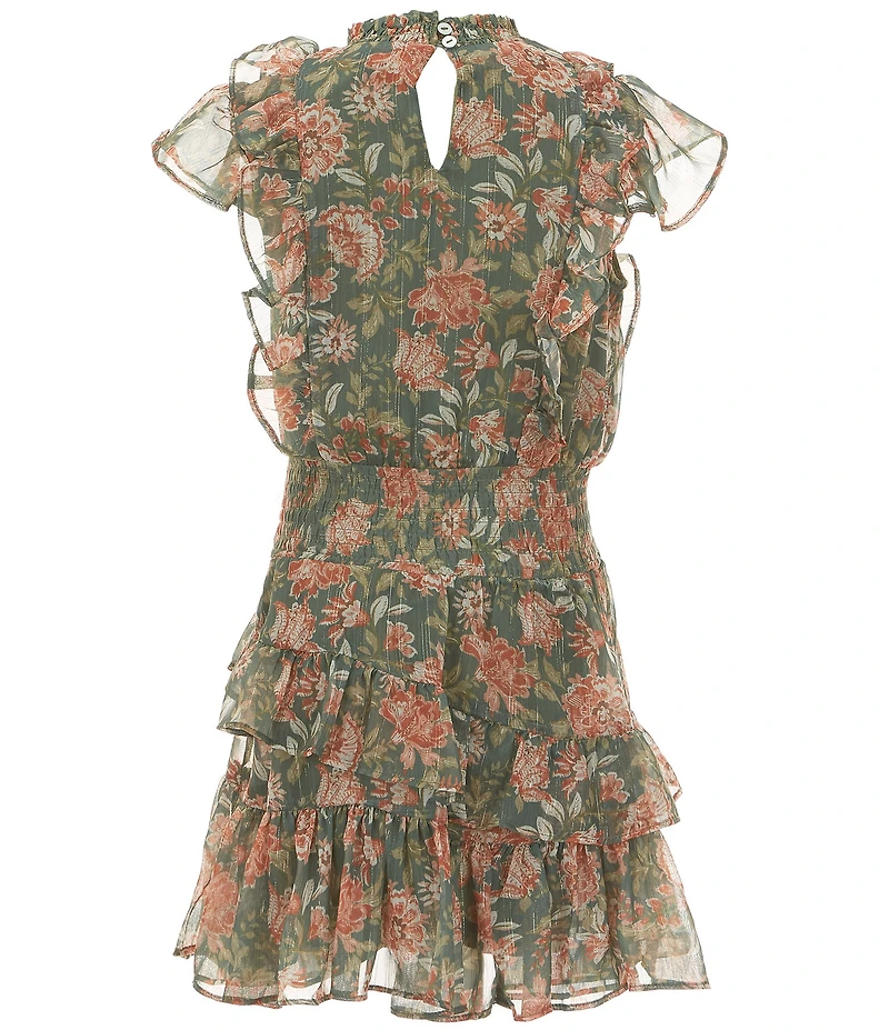Rare Editions Big Girls Long Sleeve Studded Jacket & Flutter Sleeve Floral Lurex Chiffon Dress Set