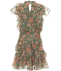 Rare Editions Big Girls Long Sleeve Studded Jacket & Flutter Sleeve Floral Lurex Chiffon Dress Set