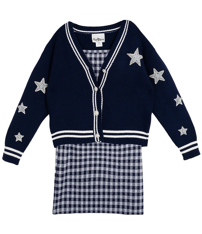 Rare Editions Big Girls Long-Sleeve Varsity-Inspired Cardigan & Sleeveless Plaid A-Line Dress Set
