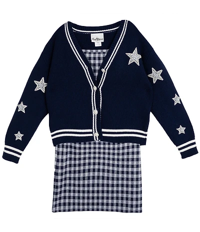 Rare Editions Big Girls Long-Sleeve Varsity-Inspired Cardigan & Sleeveless Plaid A-Line Dress Set