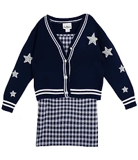 Rare Editions Big Girls Long-Sleeve Varsity-Inspired Cardigan & Sleeveless Plaid A-Line Dress Set