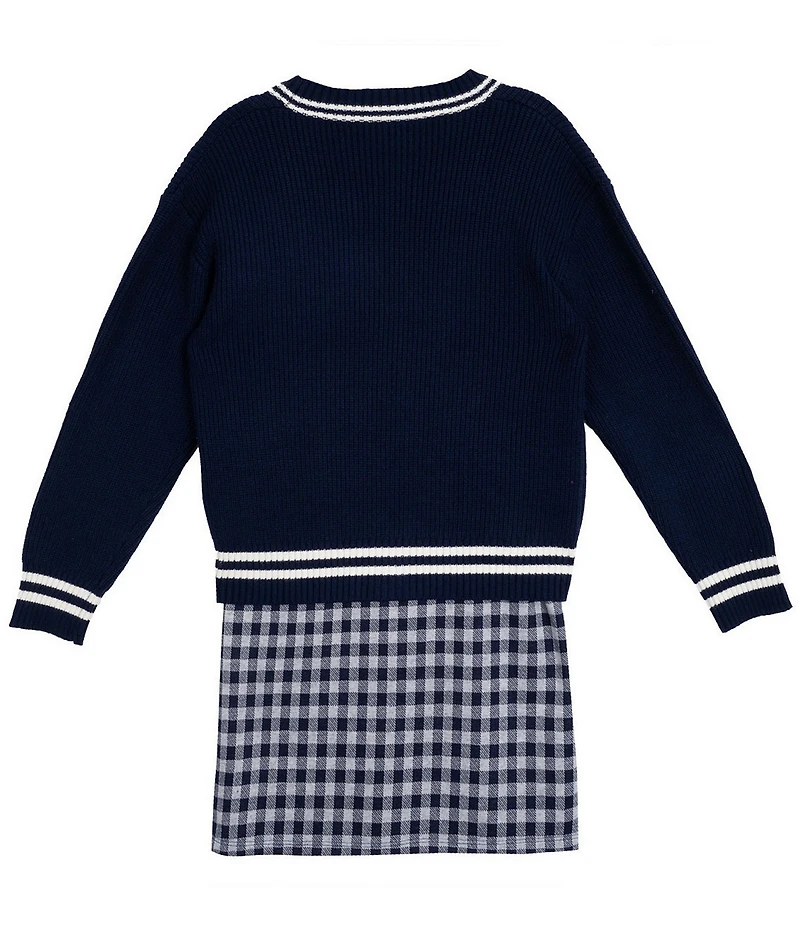 Rare Editions Big Girls Long-Sleeve Varsity-Inspired Cardigan & Sleeveless Plaid A-Line Dress Set