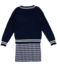 Rare Editions Big Girls Long-Sleeve Varsity-Inspired Cardigan & Sleeveless Plaid A-Line Dress Set