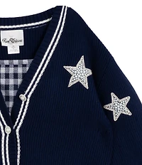 Rare Editions Big Girls Long-Sleeve Varsity-Inspired Cardigan & Sleeveless Plaid A-Line Dress Set