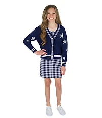 Rare Editions Big Girls Long-Sleeve Varsity-Inspired Cardigan & Sleeveless Plaid A-Line Dress Set