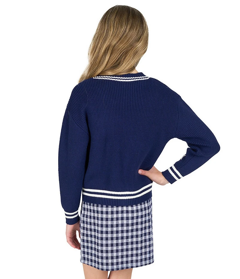 Rare Editions Big Girls Long-Sleeve Varsity-Inspired Cardigan & Sleeveless Plaid A-Line Dress Set